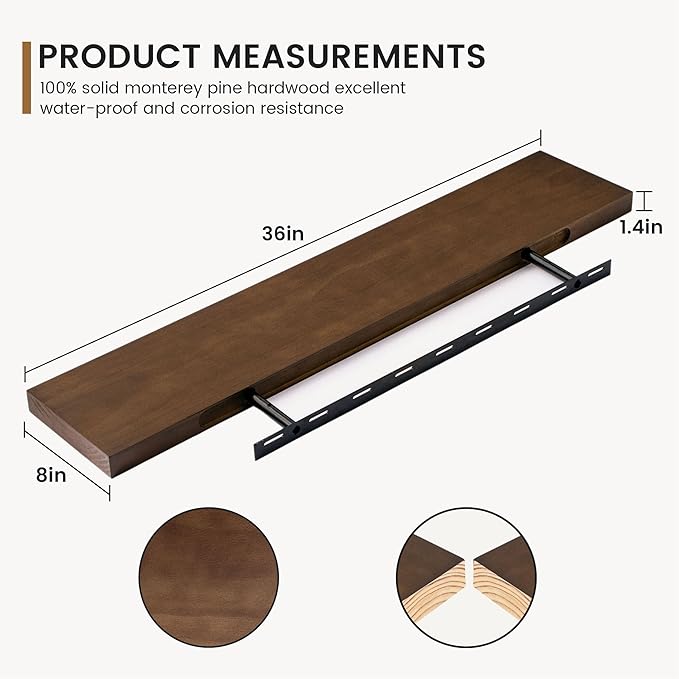 Floating Shelves 36 Inches Long - 8 Inch Deep Rustic Solid Pine Wood for Storage - Farmhouse Wall Mounted for Living Room - Heavy-Duty Metal Bracket - 36" W x 8" D - Set of 2 - American Walnut Color
