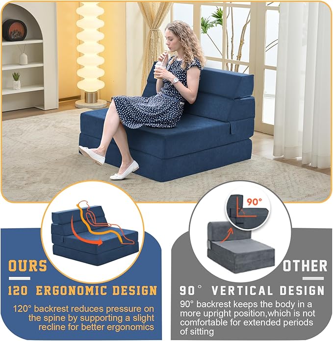 jela Foldable Sofa Bed Soft Foam Convertible Sleeper Chair Luxury Miss Fabric Fold Out Chair Bed Floor Couch with Back Support Floor Sofa for Living Room Bedroom (83"x33",Navy)