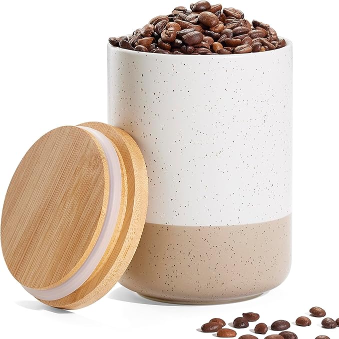 Yangbaga Canister Sets for Kitchen Counter, 40 OZ Large Ceramic Food Storage Jars with Airtight Wood Lids, Large Kitchen Canisters for Coffee, Sugar, Tea, Flour, Spice Visit the Store