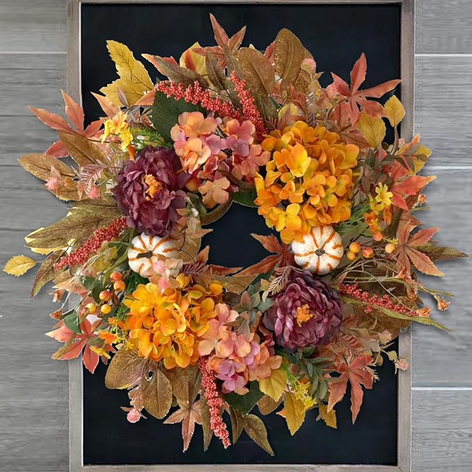WANNA-CUL 24 Inch Fall Wreaths for Front Door with Hydrangea,Peony and White Pumpkins-Fall Decorations for Home, Fall Door Wreath Decor for Autumn,Harvest, Halloween or Thanksgiving