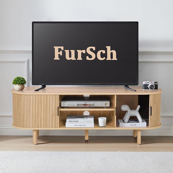54" Tambour Door TV Stand,Wood Mid Century Modern TV Cabinet for Up to 65“ TV,Curved Edge Long TV Stand with Storage for Bedroom Living Room(Natural, 54inch)