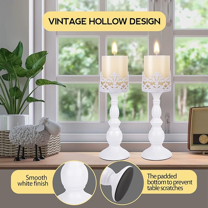 Candle Holders for Pillar Candles Gothic Matte Black Vintage Tall Candle Holders Set of 2 Decorative Large Table Centerpieces Candle Stand Decor (White 2PCS A)