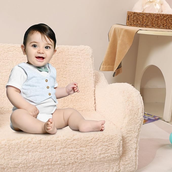 Kids Chairs for Toddler, 2-in-1 Toddler Soft Sherpa Couch Fold Out, Convertible Sofa to Lounger for Girls and Boys, Cream