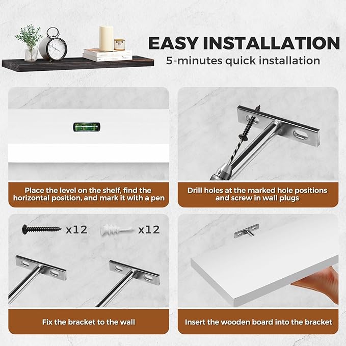 3-Pack Floating Wall Shelves, 24-Inch Rustic White Wooden Shelves for Storage and Décor, Easy Installation for Living Room, Bedroom, and Kitchen