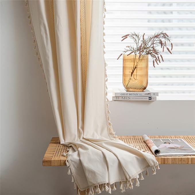 Sutuo Home Boho Curtain Crochet Dots Patchwork Semi-Blackout Bohemian Handmade Tassels, Rod Pocket Window Treatment Vintage Rustic Farmhouse Drapes for Living Bedroom, 1 Panel 59" W x 96" L, Beige