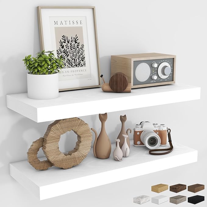 RICHFOCUS 31.5Inch Floating Shelves for Wall 2 Pack Shelves for Bedroom|Kitchen|Bathroom Wall Mounted Rustic Wood Floating Shelf with Invisible Brackets for Books|Storage|Decor, White