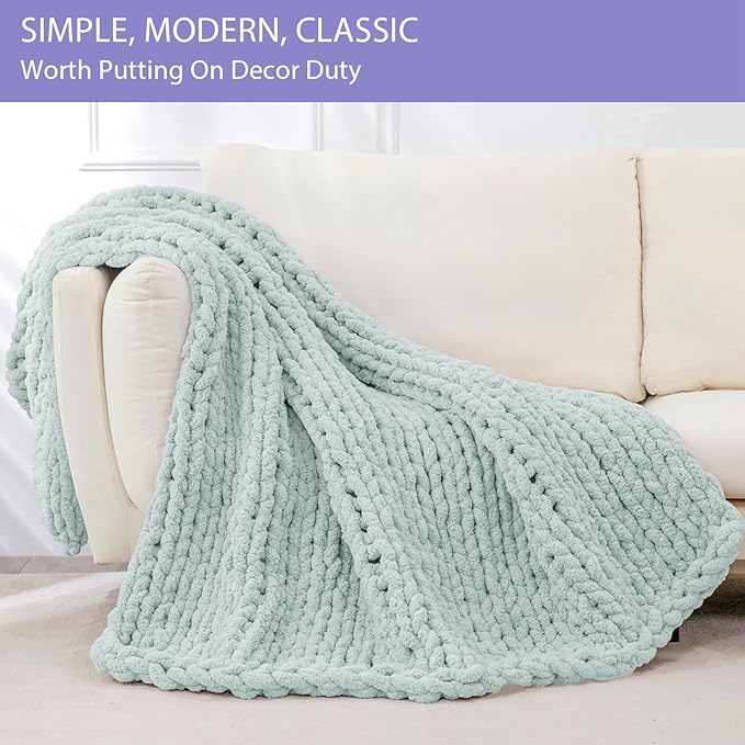 Bigacogo Chunky Knit Throw Blanket for Couch, 51x63 inches, 100% Hand Knitted with Thick Jumbo Chenille Yarn, Cozy Soft Large Rope Knot Cable Crochet Blankets for Sofa Bed Living Room, Mint