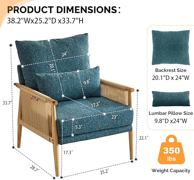 VINGLI Boho Braid Accent Armchairs Set of 2,Mid-Century Modern Chiars with Solid Wooden Armrest,Comfy Louge Cushion Chairs with Waist Pillow for Bedroom,Living Room,Reading Room, Teal