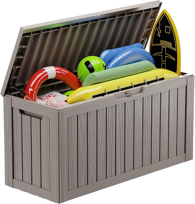 Vixzen 80 Gallon Resin Deck Box, Lockable Outdoor Storage Box for Patio Cushions Storage Furniture,Garden Tools, Pool Supplies, Weatherproof and UV Resistant- Grey