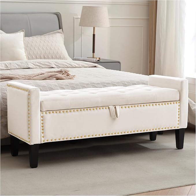 Storage Ottoman Bench, Velvet Upholstered Footstool for Bedroom and Living Room, Tufted Seat with Storage, Wooden Legs & Metal Rivets, Beige