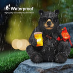 Solar Black Bear Statue for Garden with Beer and Cardinals 6.3" Resin Garden Statues for Outside Yard Paito Porch Decor Birthday Gardening Gifts for Women Mother Sister Grandmother Wife