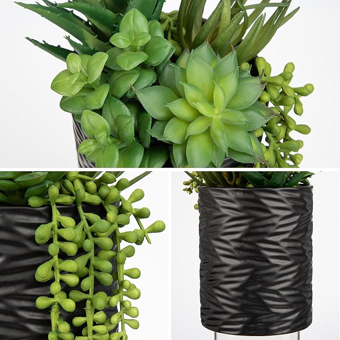 Artificial Succulents in Pots Faux Succulents Plants Fake Succulent Arrangement Potted Plants with Black Ceramic Vase for Office Desk Bathroom Shelf Living Room Indoor Home Decor Large