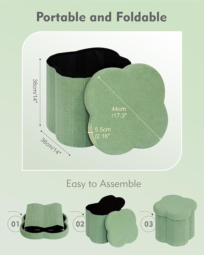 B FSOBEIIALEO Storage Ottoman Cube, Flowers Shaped Ottomans with Storage Foot Stool Footrest, Boucle Ottoman Seat for Dorm Room, Faux Teddy Fur, Green 15"x15"x15"
