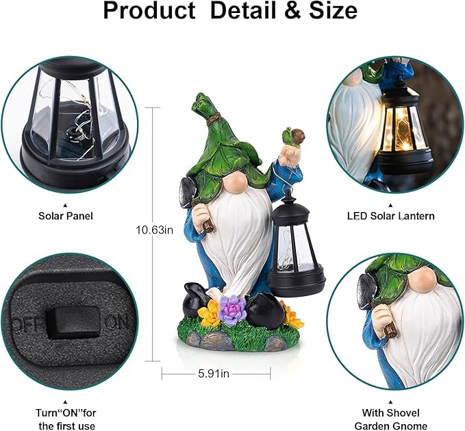 Solar Gnome Garden Figurine Yard Lights with Solar Lights Lantern & Shovel - Outdoor Yard Art Lawn Ornaments for Porch Patio Balcony - Gnome Gifts for Women Mom