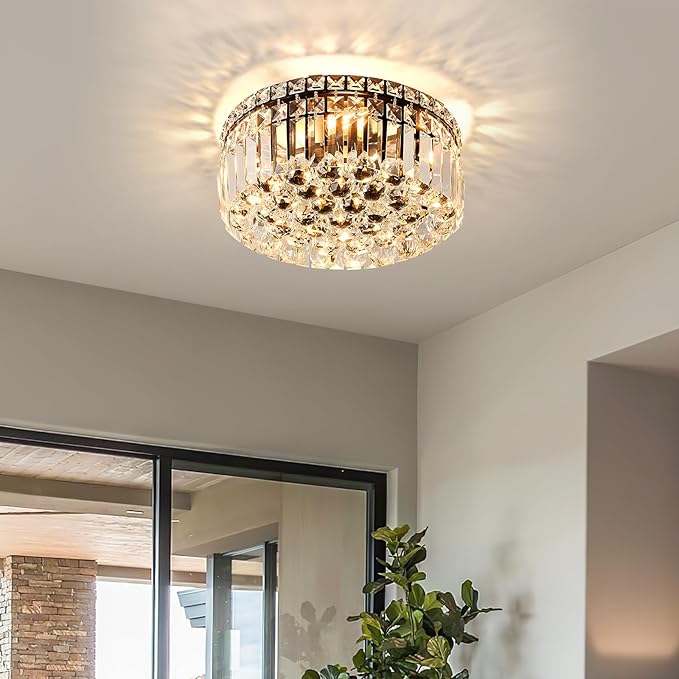 4-Light Black Crystal Chandeliers Flush Mount Chandelier Light Fixture with K9 Crystals Modern Ceiling Lights Elegant Round Lamp for Bedroom,Hallway,Bar,Living Room,Dining Room,H5.9 xW13.7