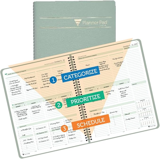 Planner Pad Spiral Bound 3-Tier Funnel Down 12 Month Organizer, October 2025 – September 2026, Greenish Grey Cover/Soft Green Ink, 8 1/2" x 11"