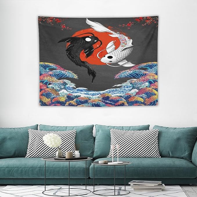 Houselerax Japanese Koi Fish Tapestries, Yin Yang Big Wave Cherry Blossom Tapestry Wall Hanging for Bedroom Living Room Office Decor 40"x30"