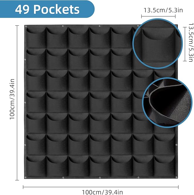 49 Pockets Hanging Planter Bags, Hanging Vertical Wall Mounted Plant Planting Grow Bags, Herb Garden Planter Outdoor Indoor Growing Bag, Gardening Vertical Greening Flower Container(1m×1m, Black)