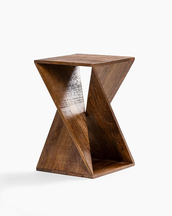 Modern Hand Made One-of-a-Kind Carved Mango Wood End Table, Farmhouse Side Table,Farmhouse End Table,Living Room,Bedroom, Accent Table, Contemporary Architectural Designed Natural