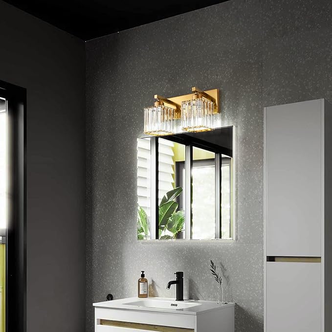 Modern Bathroom Vanity Light 2-Lights Gold Crystal Bathroom Wall Light Vanity Light Fixtures，12.59-inch Modern Minimalist Design