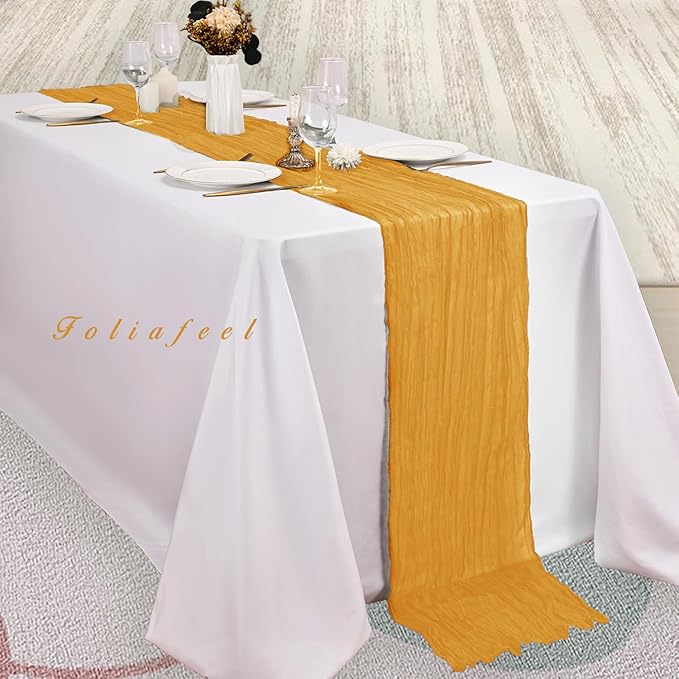 12 Pack Mustard 10FT Cheesecloth Table Runner Rustic Gauze Fabric Cheese Cloth Table Runner for Wedding Bridal Baby Shower Table Decor Boho Sheer Birthday Party Table Decorations 20 x 120 Inch Long