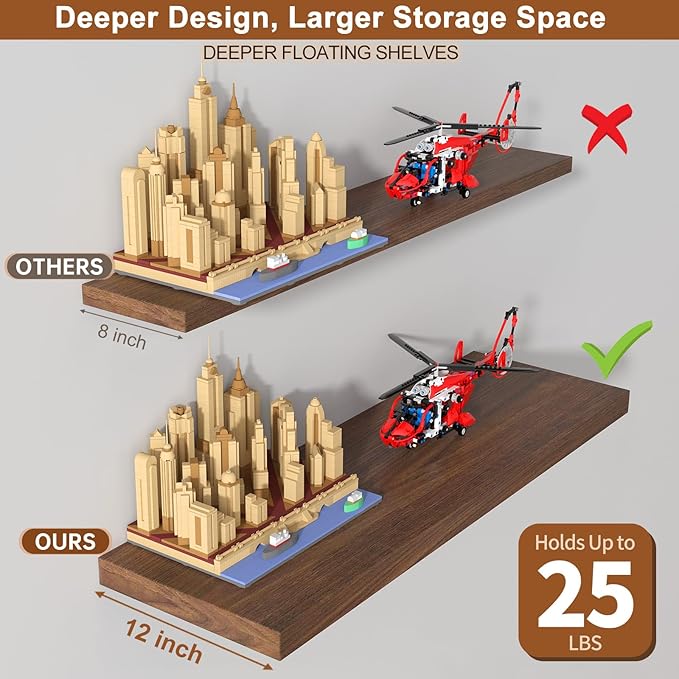12 Inch Deep Floating Shelves for Wall 2 Pack Floating Shelves Large Storage Space Wall Mount Shelf for Living Room Kitchen Bathroom 24" W x 12" D x 1.2" H Walnut