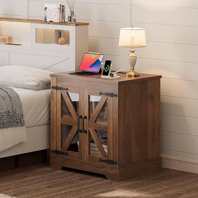 Farmhouse Side Table with Storage Cabinet, End Table with Adjustable Shelf, Night Stand, Wood Nightstand with Charger Station, 24 End Tables Living Room, Rustic Bed Side Tables Bedroom, Walnut