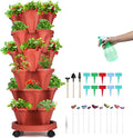Vertical Planter, 6 Tier Stackable Strawberry Planter with Garden Tool Set, Movable Indoor/Outdoor Garden Herb Pot for Growing Vegetables and Succulents, Red