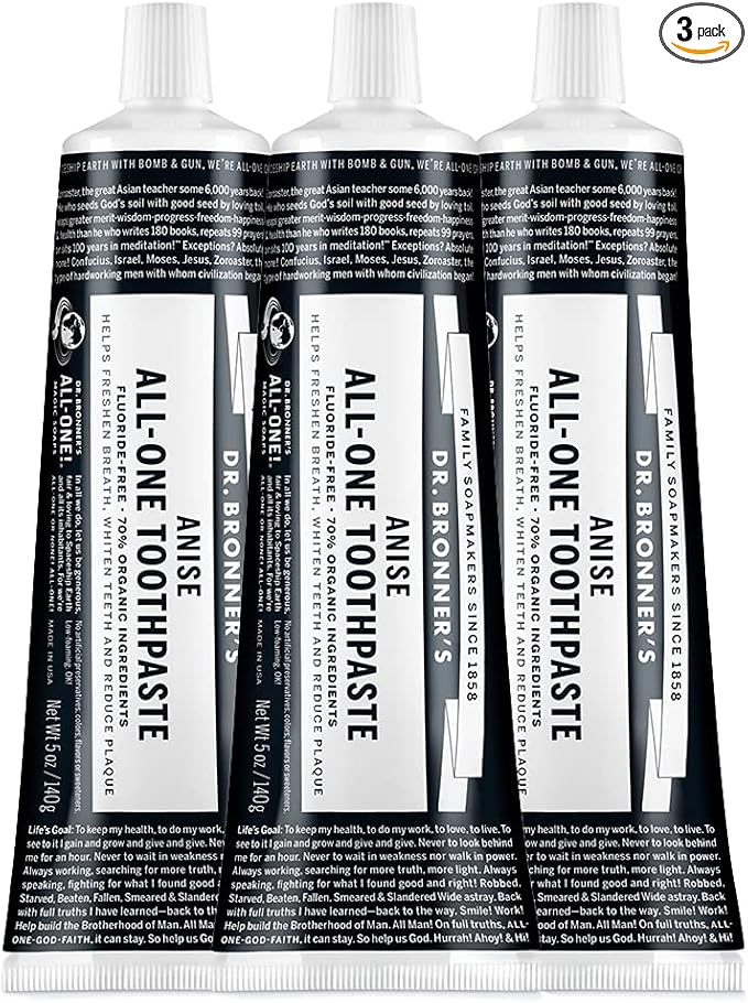 Dr. Bronner’s - All-One Toothpaste (Anise, 5 Ounce, 3-Pack) - 70% Organic Ingredients, Natural and Effective, Fluoride-Free, SLS-Free, Helps Freshen Breath, Reduce Plaque, Whiten Teeth, Vegan
