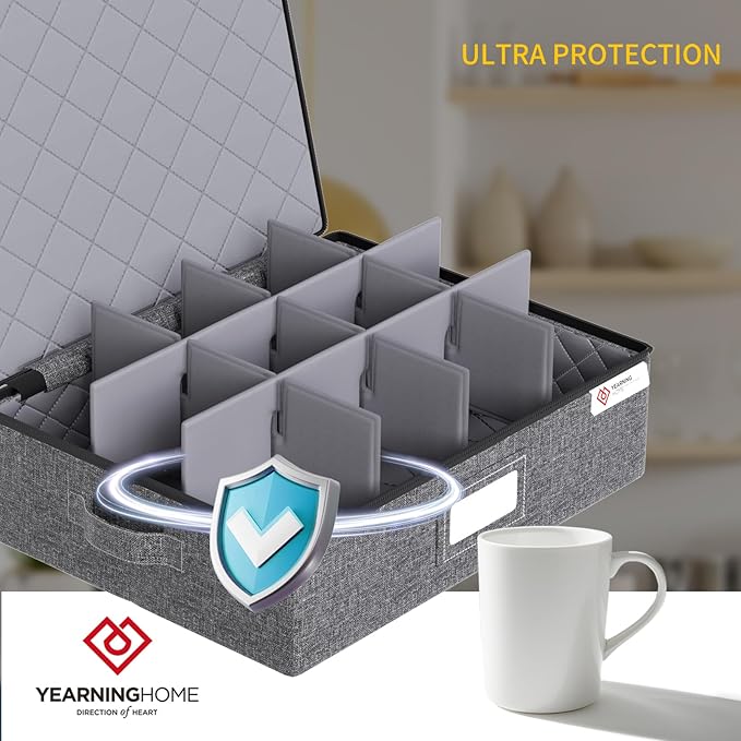 YearningHome China Storage Containers,Hard Shell Box with Felt Dividers for Dishes,Dinnerware,Plates,Mugs,Wine and Glasses,Mugs,Stackable Fine China Storage for Moving and Packing 5 Piece,Grey