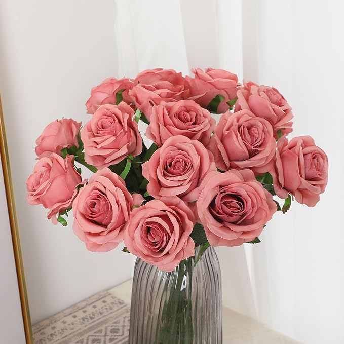 Pink Fake Roses Artificial Flowers - 10 Pcs Fake Artificial Roses Silk Flowers with Stems for Home Wedding Hotel Office Centerpiece Decor（Dusty Pink）