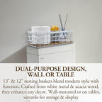 MyGift 13 and 12 Inch Nesting Storage Baskets with Handles, Wall Mounted or Tabletop White Metal Wire and Premium Acacia Wood Decorative Shelf Organizer Bins, 2 Piece Set