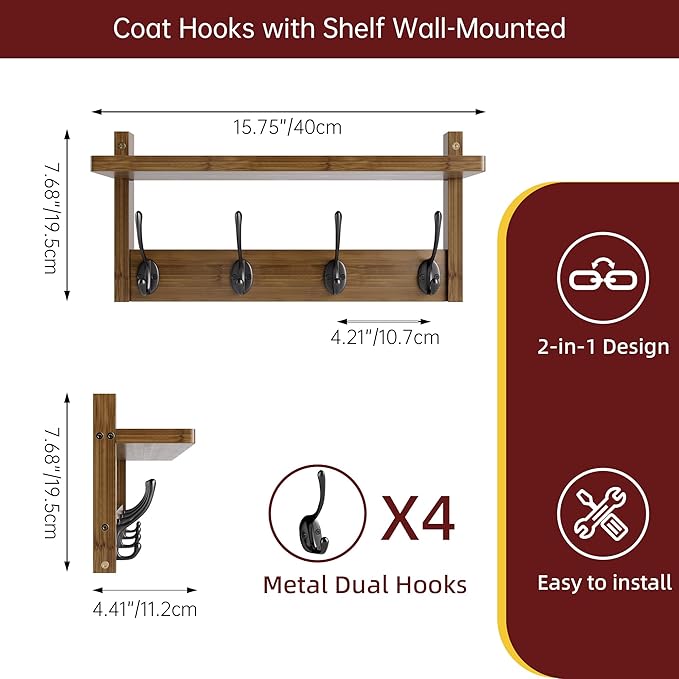 Coat Rack with Shelf Wall Mount, Entryway Bamboo Hanging Shelf, Set of 2, Wall Hook Rail for Hallway Décor, Storage Clothe, Hat, Robe, Key, Dog Leash (Walnut)