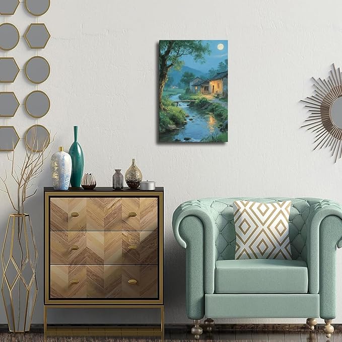 Moonlight under the big tree creek cabin scenery is suitable for posting in the living room bedroom office scenery poster wall painting