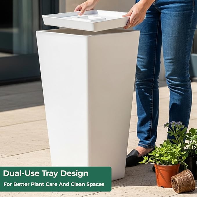 WORTH Garden Large 28 in.Tall Planters Set of 2 for Indoor and Outdoor, Heavy Duty Plastic White Modern Taper Flower Plant Pots with Drainage Hole and Dual-Purpose Tray for Front Porch, Patio