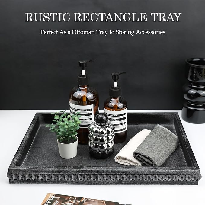 Rectangle Wood Serving Tray with Beads, Black Washed Wooden Decorative Tray for Entertaining, Decoration, and Gifting