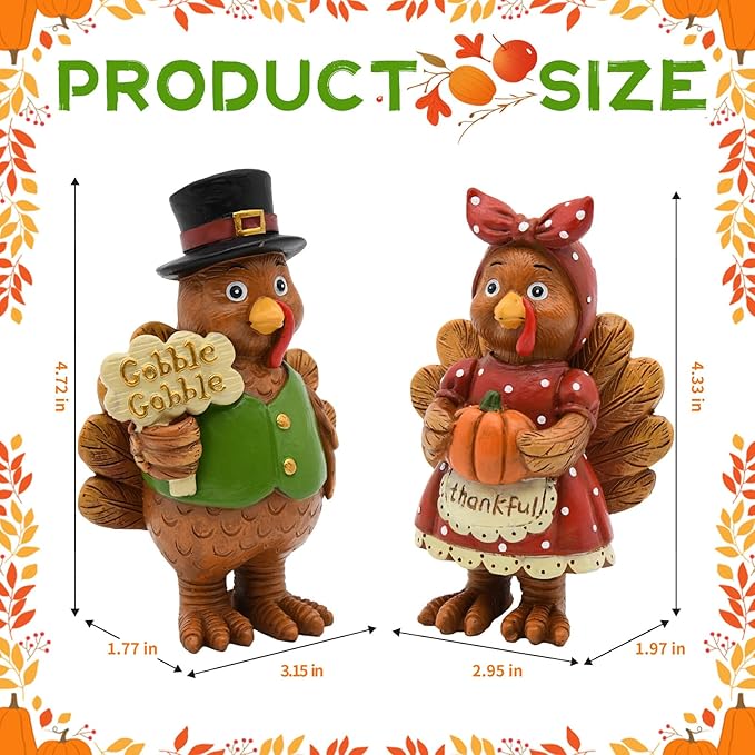 Thanksgiving Turkey Decor - 2Packs Resin Turkey Couple Standing Figurines Thanksgiving Decorations- Fall Decor Indoor for Tables Centerpieces Harvest Farmhouse Kitchen