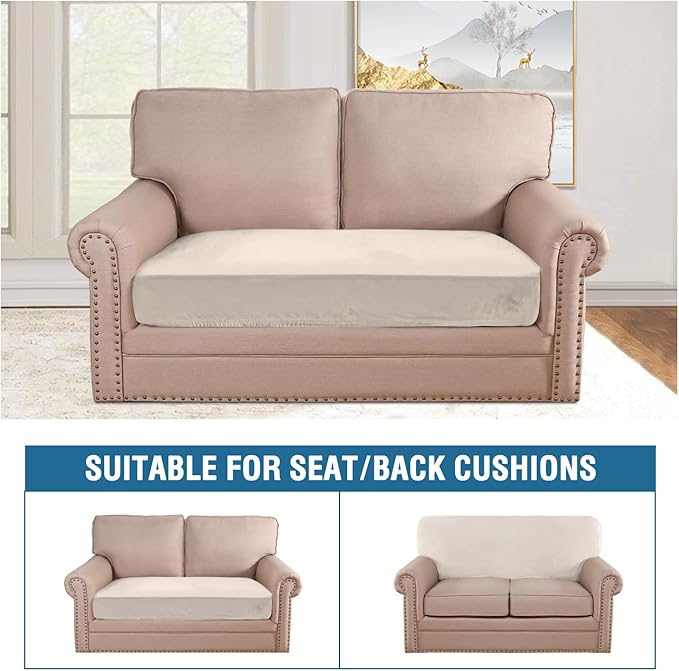 H.VERSAILTEX Velvet Stretch Individual Couch Cushion Cover Plush Slipcover for Loveseat Sofa Furniture Protector Seat Cover (1 Piece Loveseat Cushion Cover, Ivory)