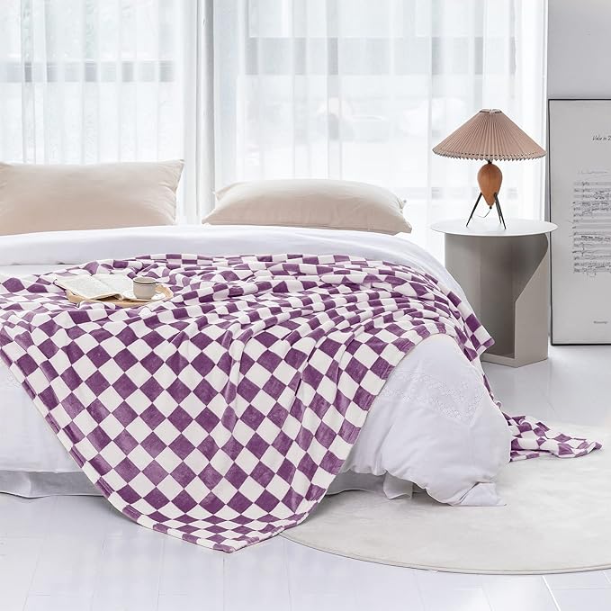 LOMAO Throw Blankets Flannel Blanket with Checkerboard Grid Pattern Soft Throw Blanket for Couch, Bed, Sofa Luxurious Warm and Cozy for All Seasons (Purple, 50"x60")