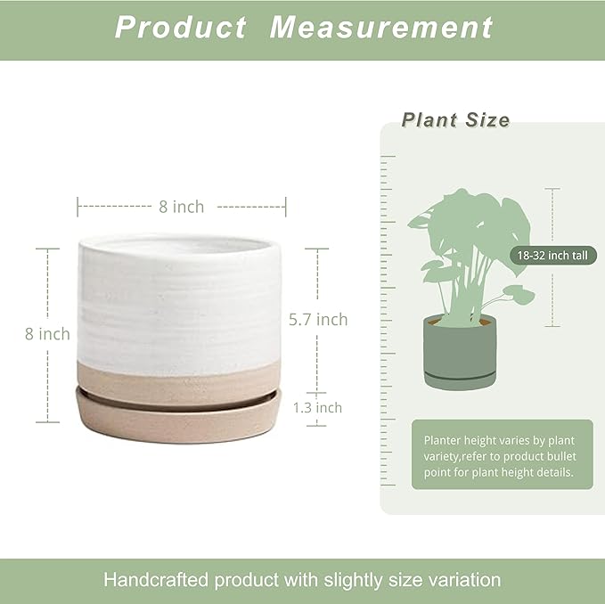 8 Inch Pots for Plants, Ceramic Planter Pot with Drainage Hole & Saucer, Indoor or Outdoor Cylinder Round Planter Pot, Matte White & Beige