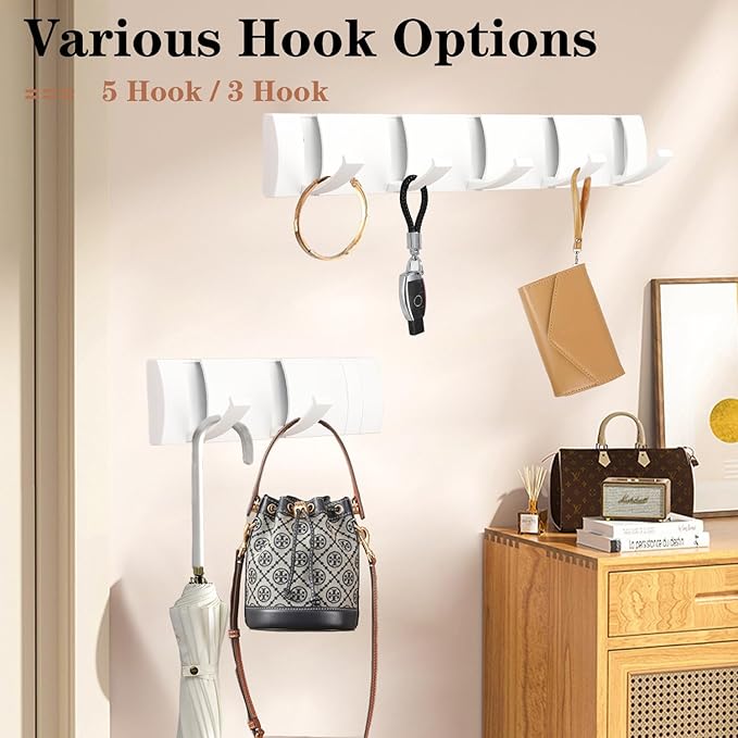 Folding Coat Hooks, Wall Mounted Coat Rack with 5 Retractable Hooks, Heavy Duty Towel Rack for Bathroom Wall Hook for Hanging Clothes Bathrobe, Stainless Steel Coat Hanger for Entryway(White)