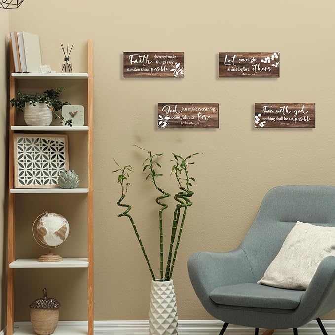 FENCORDAR 4 Pieces Brown Wall Decor Bible Verses Bathroom Decor Wooden Farmhouse Office Christian Wall Art Religious Art for Women Office Home Bedroom Living Room Decor(Brown 10x4)
