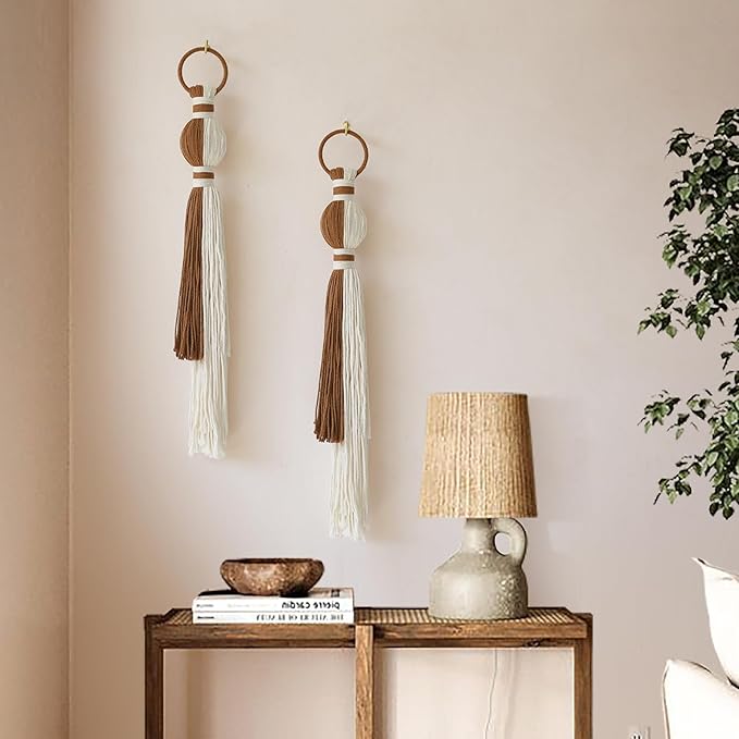 2Pcs Macrame Wall Hanging Boho Home Decor Fiber Art with Sphere Knots Tassels Handmade Yarn Art for Bedroom Living Room Office Entryway