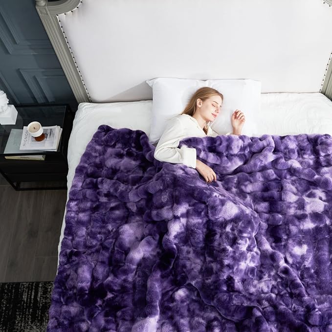 Cozy Bliss Faux Fur Throw Blanket for Couch, Fuzzy Soft Plush Thick Bubble Blanket for Sofa Bedroom Living Room, 60 * 80 Inches Tie-dye Purple