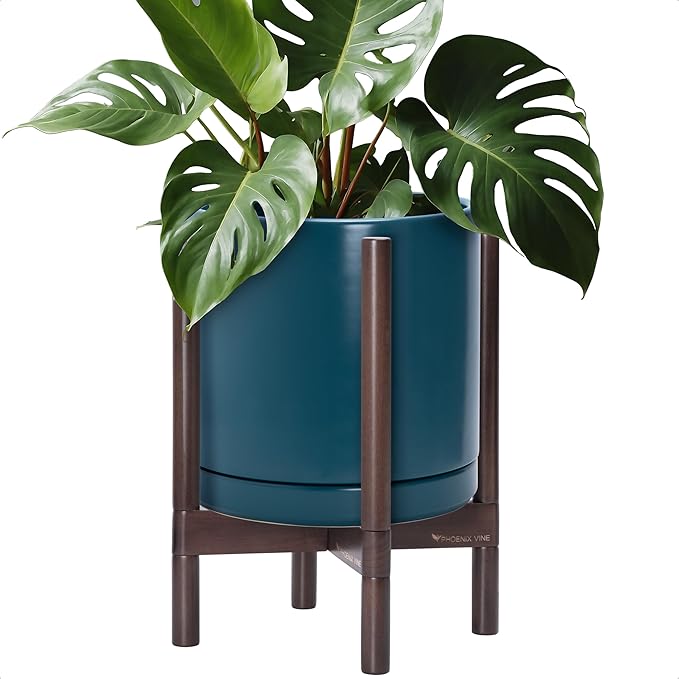 D'vine Dev Ceramic Planter with Walnut Color Stand - 12 Inch Modern Round Flower Pot with Wood Planter Holder, Teal, 55-B-W-4