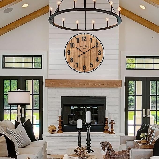 Large Old Town Farmhouse Wall Clock 24 Inch Rustic Antique Wood with Metal Circle and Large Numerals Silent Battery Operated Wall Clock for Office Kitchen Bedroom Living Room