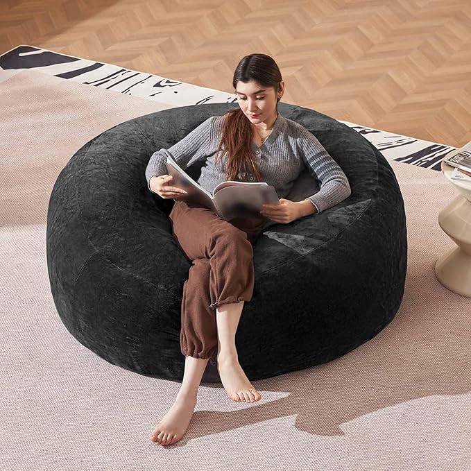 Bean Bag Chair 4Ft, Memory Foam Filled, Large Beanbag Chairs for Adults and Teens, Soft Sofa with Removable Flannel Cover, Round Couch for Living Room Bedroom College Dorm (Black, 4FT-47×47"×24")