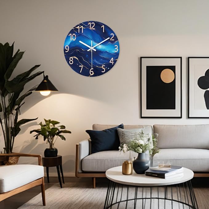 Blue Glass Wall Clocks Battery Operated 20 Inch Marble Large Wall Clocks for Living Room Round Non Ticking Wall Clock Silent