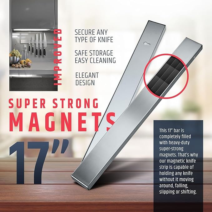 HMmagnets Premium 17 Inch Stainless Steel Magnetic Knife Holder For Wall - Professional Magnetic Knife Strip - Space-Saving Knife Rack/Knife Bar With Powerful Magnetic Pull Force (Upgraded Version)