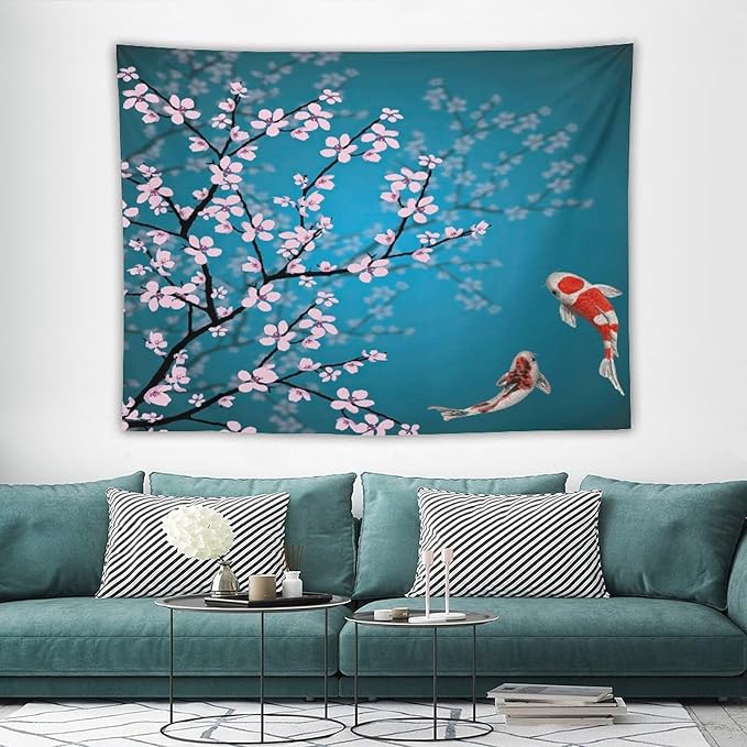 Houselerax Japanese Koi Fish Tapestry, Cherry Blossoms Asian Oriental Green Teal Flower Branch Koi Fish Carp Tapestries Wall Hanging for Bedroom Living Room Office Decor 80"x60"